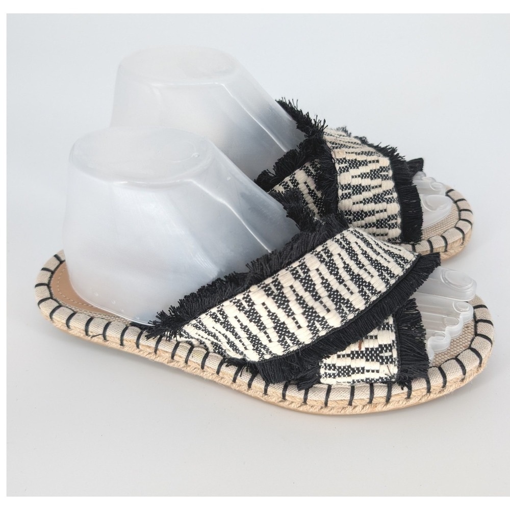 H&M Slide Sandals Womens 7 Black Beige Geometric Woven Fringed‎ Espadrille Boho